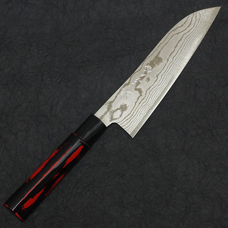 FUJITA MARUNOKO SANTOKU 170mm DAMASCUS BLK/RED URUSHI